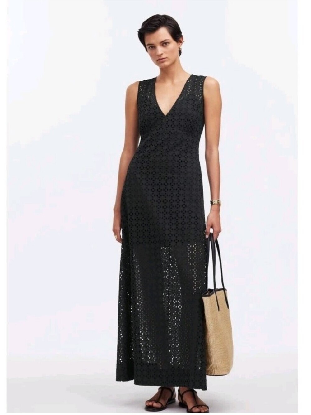Madewell Sleeveless Eyelet V-neck Maxi Dress Black Size 4